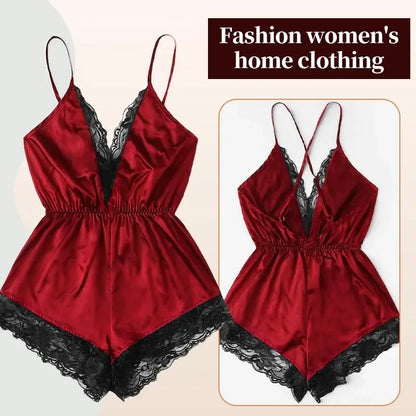 Summer V-Neck Sexy Lace Patchwork Integrated Suspender and Backless Pajamas Women's Sexy Suspender Pajamas