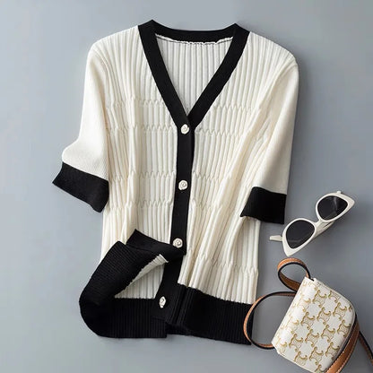 2023 New Women's Cashmere Cardigan | V-Neck Short Sleeve Korean Patchwork | White & Black | tonyfinger store