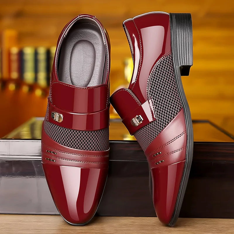 Wine Red Men’s Leather Loafers - Classic Business & Formal Slip-On Oxfords