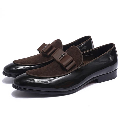 Handmade Men’s Patent Leather Suede Loafers with Bow Tie - Wedding & Banquet Shoes