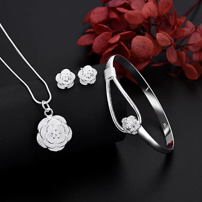 925 Sterling Silver Flower Jewelry Set - Necklace, Earrings, Bangle for Women, Retro Wedding Gift