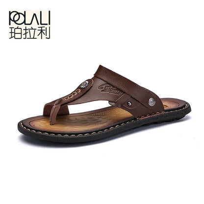 POLALI Men Sandals Genuine Split Leather Men Beach Sandals Brand Men Casual Shoes Flip Flops Men Slippers Sneakers Summer Shoes