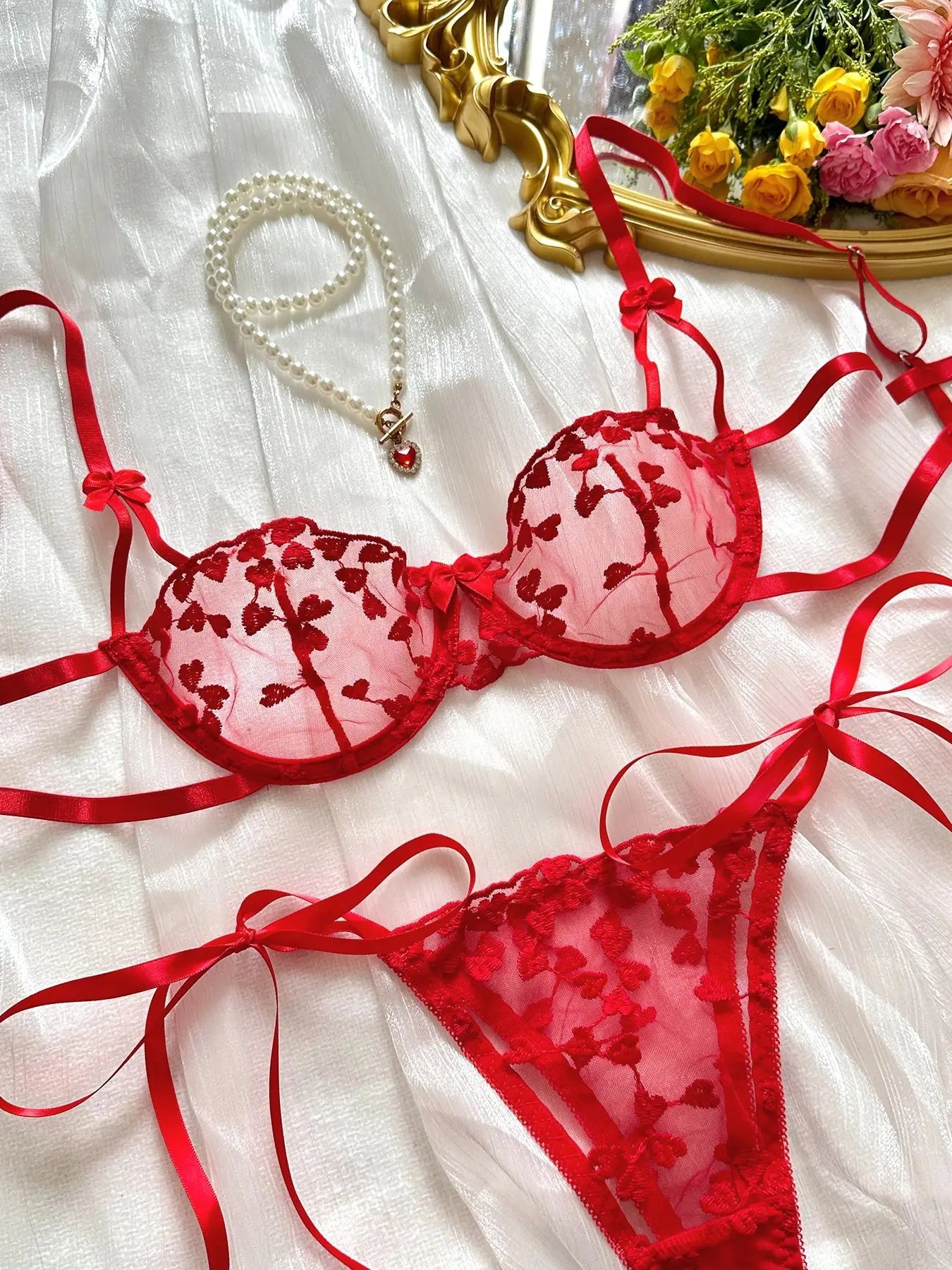 Ellolace Heart Embroidery Sexy Lingerie Set for Women