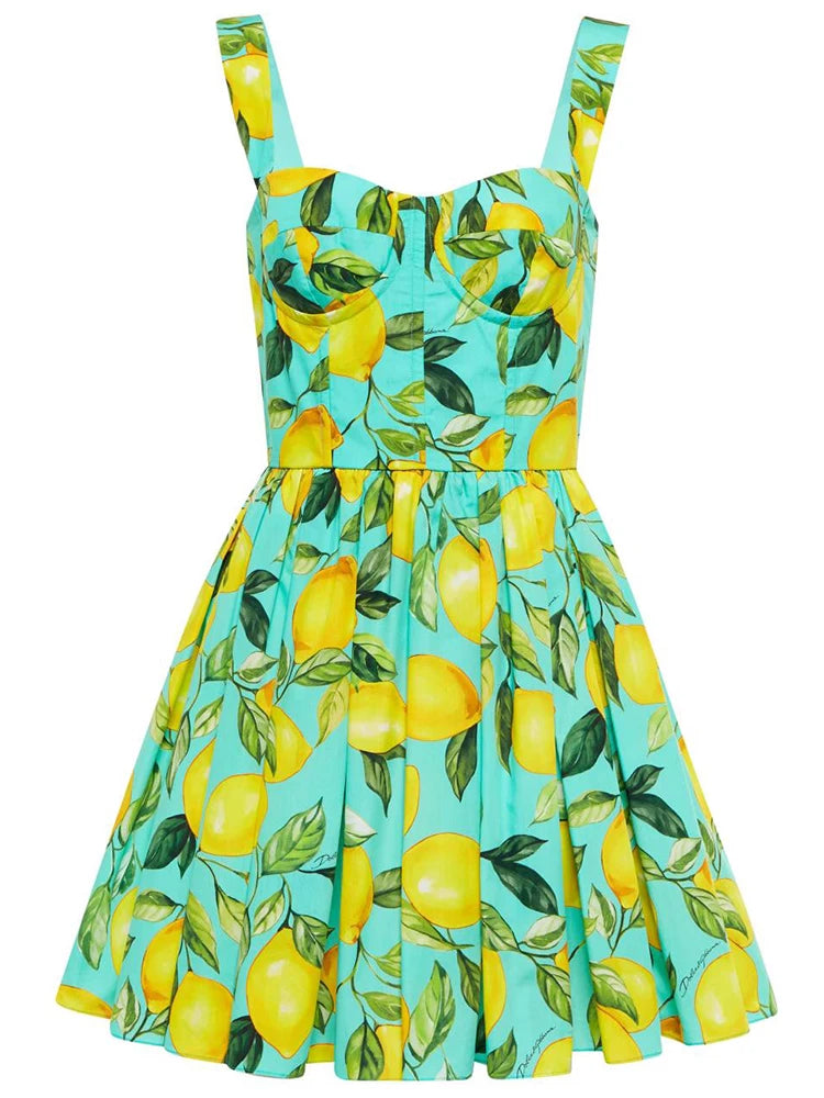 100% Cotton Women’s Summer Dress | Spaghetti Strap Lemon Print Mini Beach Holiday Vestidos | High Street Fashion Princess Style | tonyfinger store