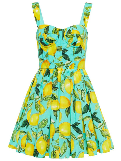 100% Cotton Women’s Summer Dress | Spaghetti Strap Lemon Print Mini Beach Holiday Vestidos | High Street Fashion Princess Style | tonyfinger store