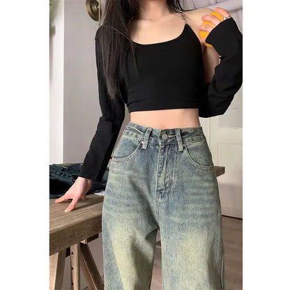 Vintage 90S Baggy Straight Denim Trousers Female Y2K High Waist Loose Wide Leg Jeans Women Streetwear All-Match Casual Pants New