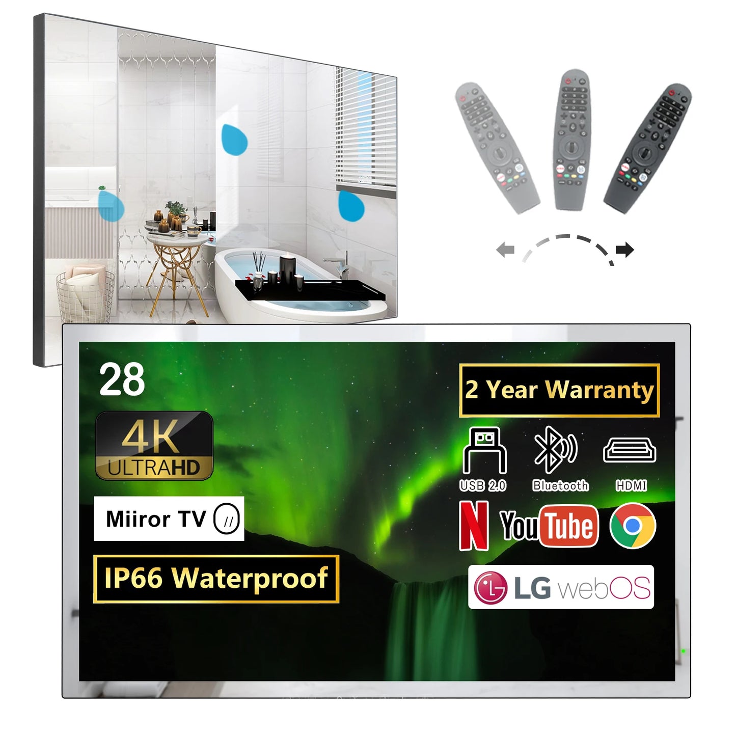 Soulaca 28 Inch 4K Mirror Bathroom TV | Smart webOS TV with WiFi, Bluetooth, Alexa, and ATSC Tuner | tonyfinger store