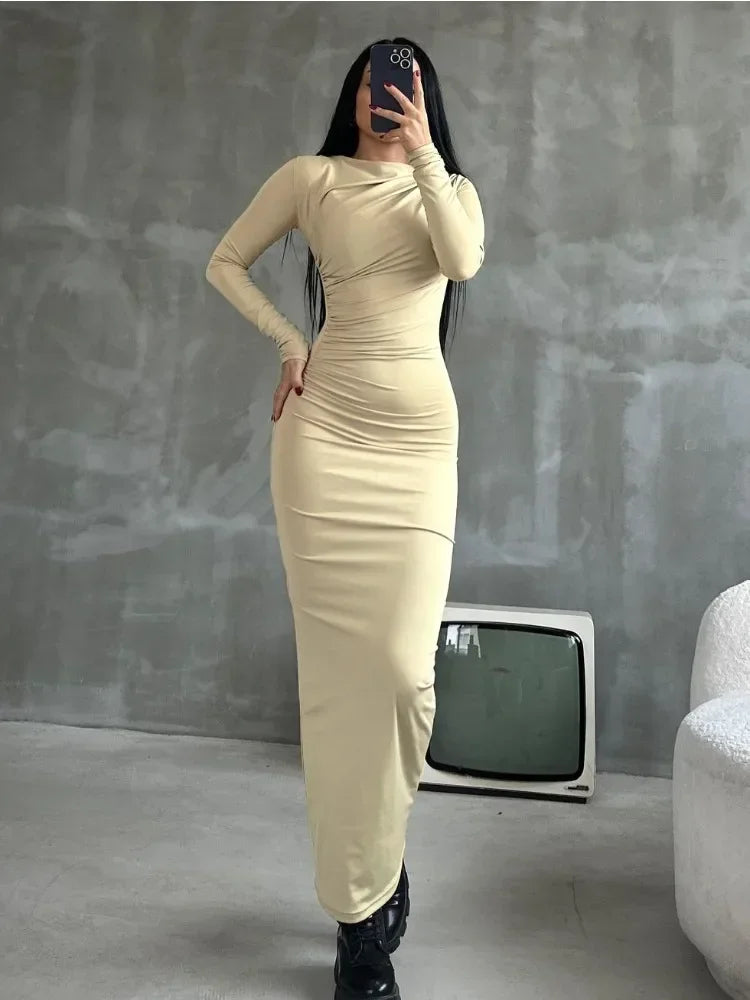 Tossy Pleated Long sleeved Slim Maxi Dress Women Solid Fashion Elegant Party Dress Gown Off-Shoulder High Waist Bodycon Dress