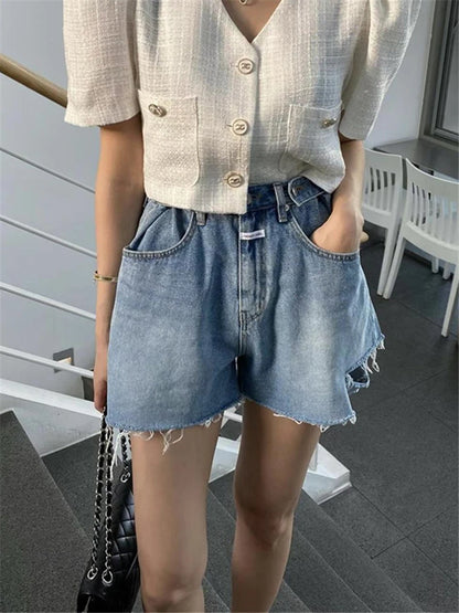 REALEFT High Waist Hole Women's Denim Wide Leg Shorts Tassel 2023 New Spring Summer Casual Jeans Chic A-Line Trourses Female