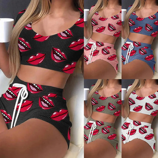 2022 Summer Sexy Lip Print Pajamas Set | Casual Drawstring Biker Shorts & Athleisure Top - tonyfinger store