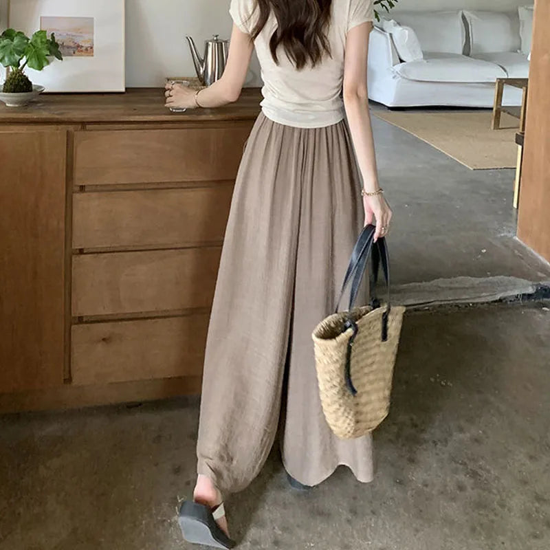 Women Elegant All-match Solid Color Wide Leg Pants Summer Simplicity Elastic High Waist Casual Lace Up Trousers Female Clothing