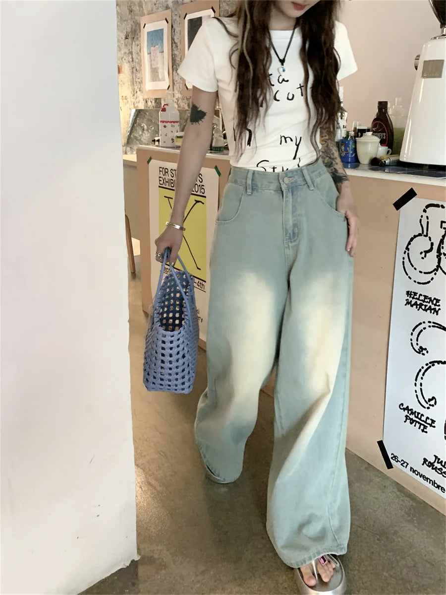 Slergiri Y2k Retro Washed Wide Leg Jeans Streetwear Women's High-waisted Loose Denim Trousers Ladies Oversize Casual Baggy Pants