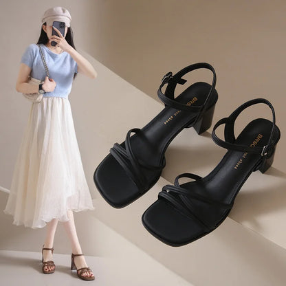 Women's Sandals Summer New Square Heel High Shoes Fashion Roman Sandals Black and White Open Toed Woman Slippers Ladies Shoes