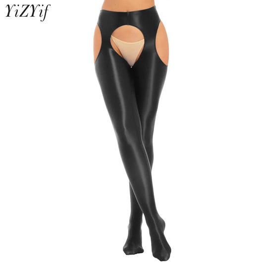 Women Glossy Hollow Out Crotchless Sexy Porn Pantyhose Mid Waist Tights Cutout Open Crotch Leggings Solid Color Footed Stocking