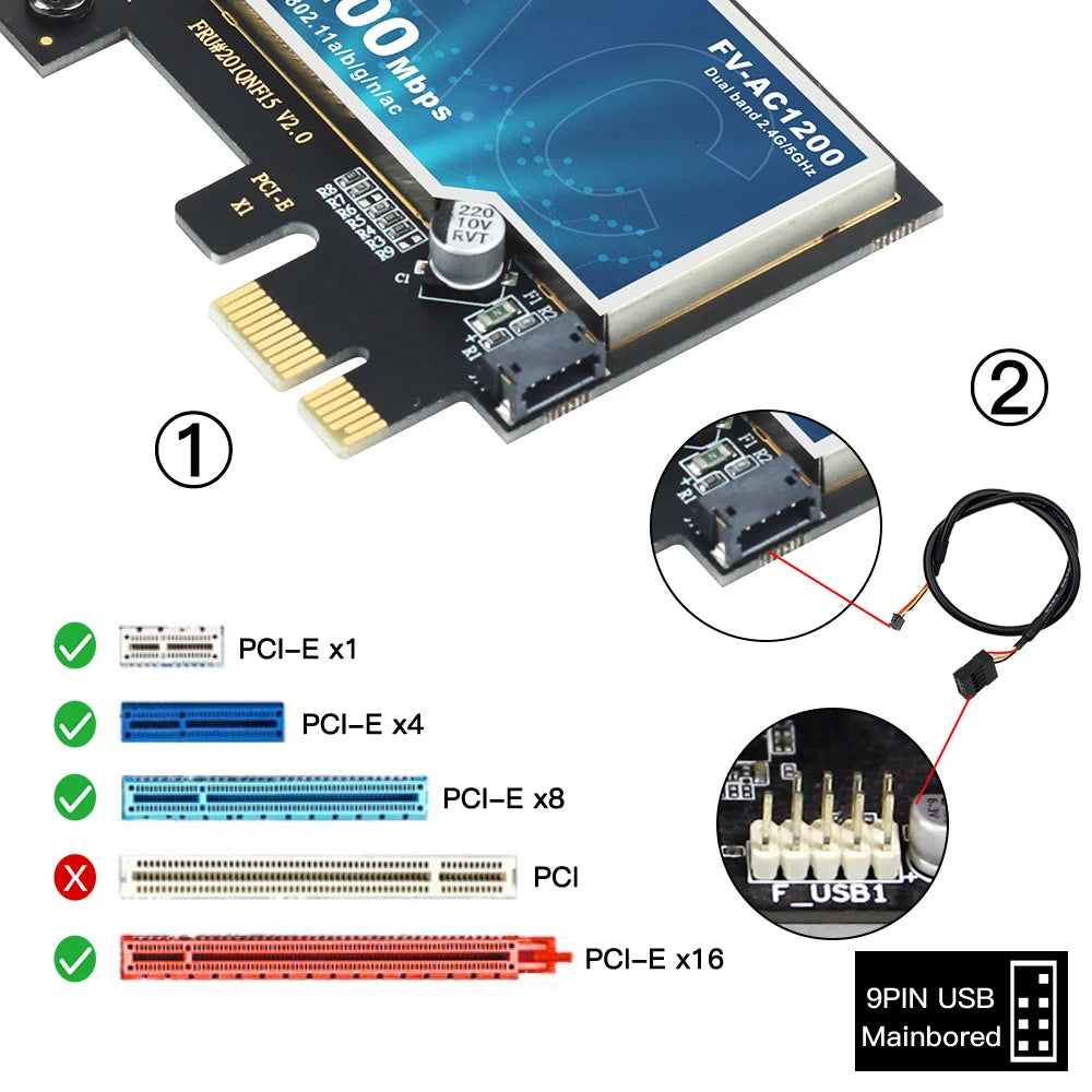 FENVI AC1200 Dual Band PCI-E Wireless Adapter - 2.4G/5GHz, Bluetooth 4.0, Windows 7-11