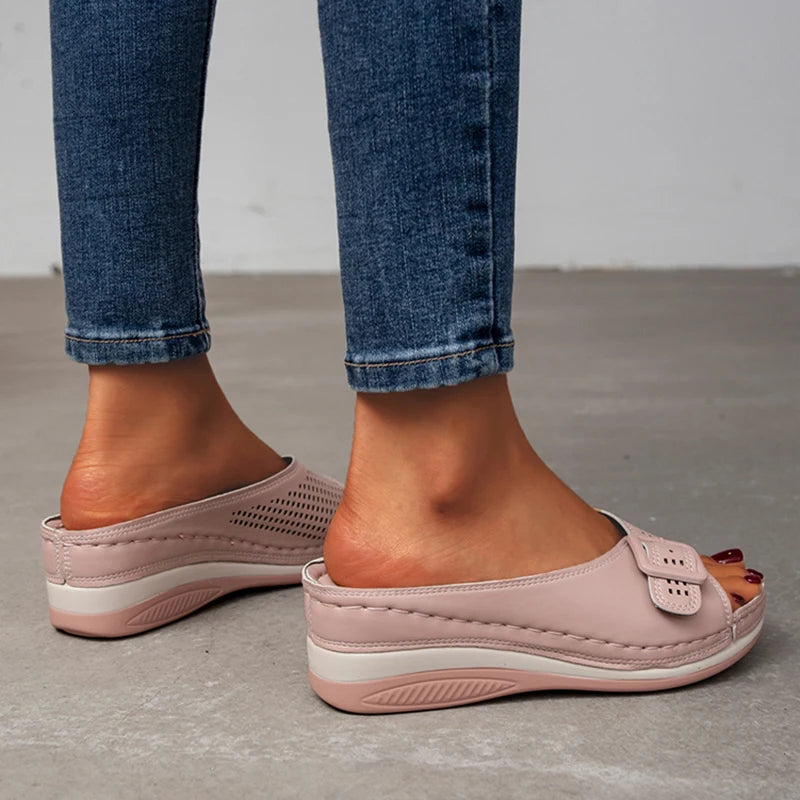 Rimocy Buckle Wedges Slippers Women Summer Hollow Out Thick Bottom Beach Shoes Ladies Plus Size 43 Light Chunky Heels Flip Flops