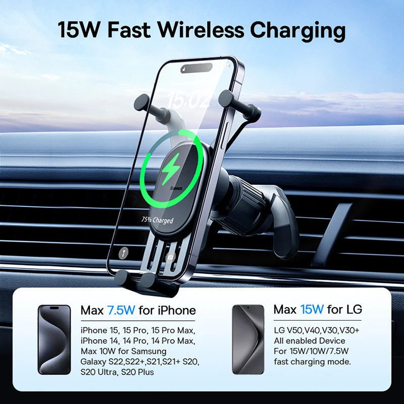 Baseus Wireless Charger Car Phone Holder Sucker for Air Vent Console Center Fast Charger 15W for Xiaomi Samsung Car Stand Mount