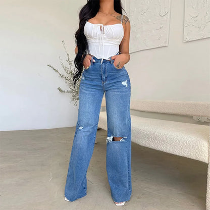 2023 Fall Women’s High Waist Ripped Wide Leg Jeans: Casual Loose Denim Trousers S-2XL