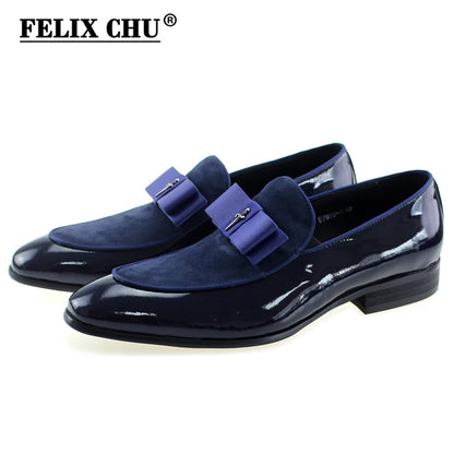 Handmade Men’s Patent Leather Suede Loafers with Bow Tie - Wedding & Banquet Shoes