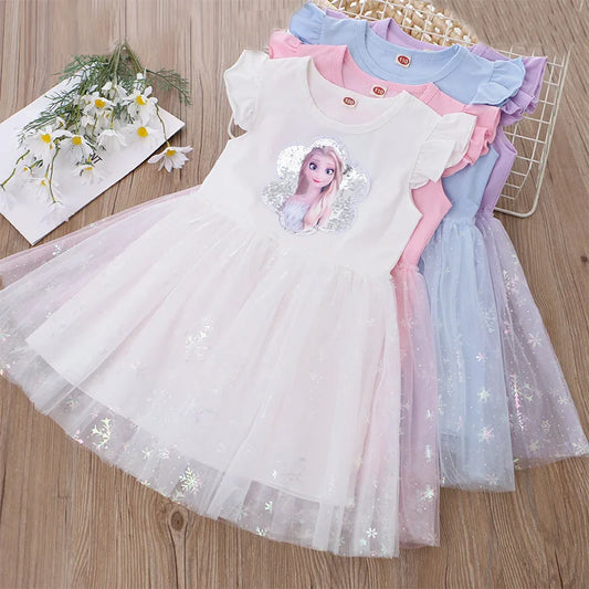 2024 Summer Princess Dresses for Girls | Frozen Elsa Party Dress | Flying Sleeve Kids Clothing