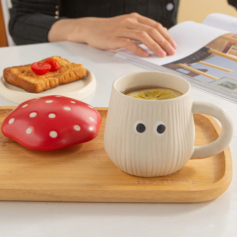 Creative Red Mushroom Ceramic Coffee Cup with Lid Cartoon Cute Mushroom Mug Breakfast Milk Cup Birthday Gift Decoration Mug Home