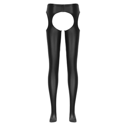 Women Glossy Hollow Out Crotchless Sexy Porn Pantyhose Mid Waist Tights Cutout Open Crotch Leggings Solid Color Footed Stocking