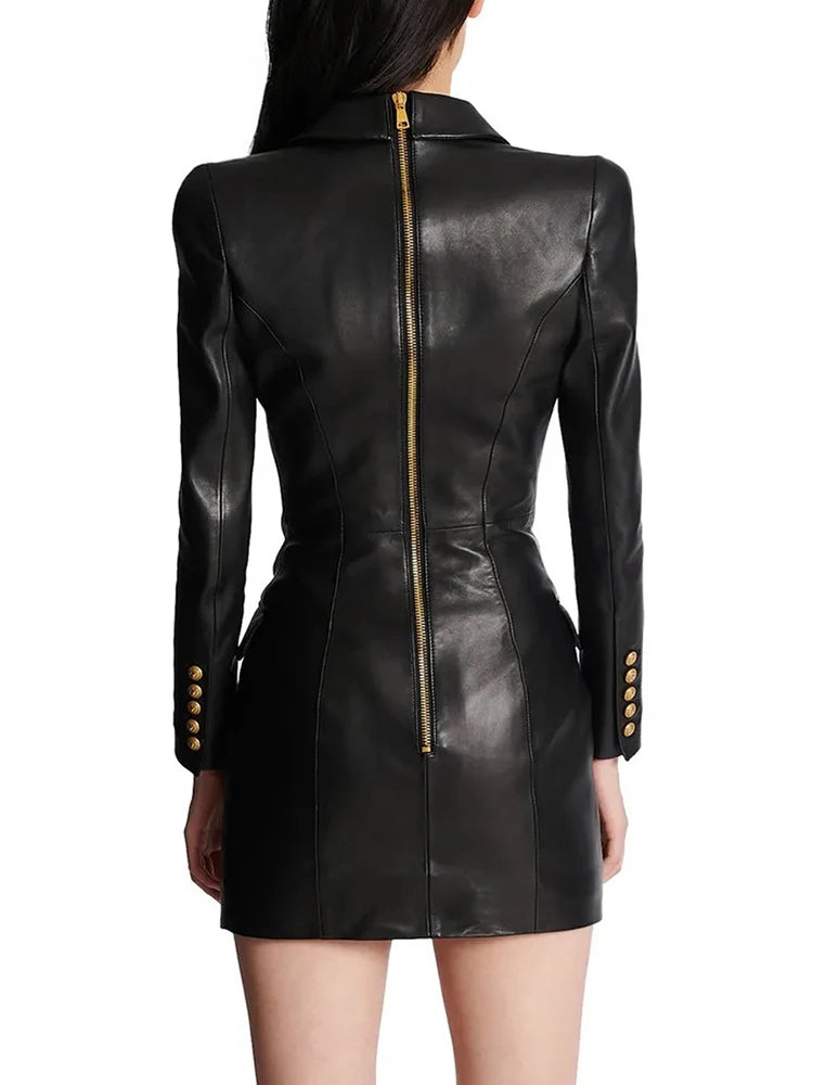 HIGH STREET Newest Fashion 2024 Designer Women's Lion Metal Buttons Faux Leather Blazer Dress