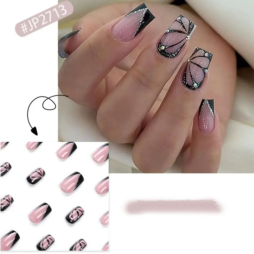 24pcs Square French Press-On Nails with Black Butterfly Wings | Full Cover Detachable Manicure Tips | Tonyfinger Store