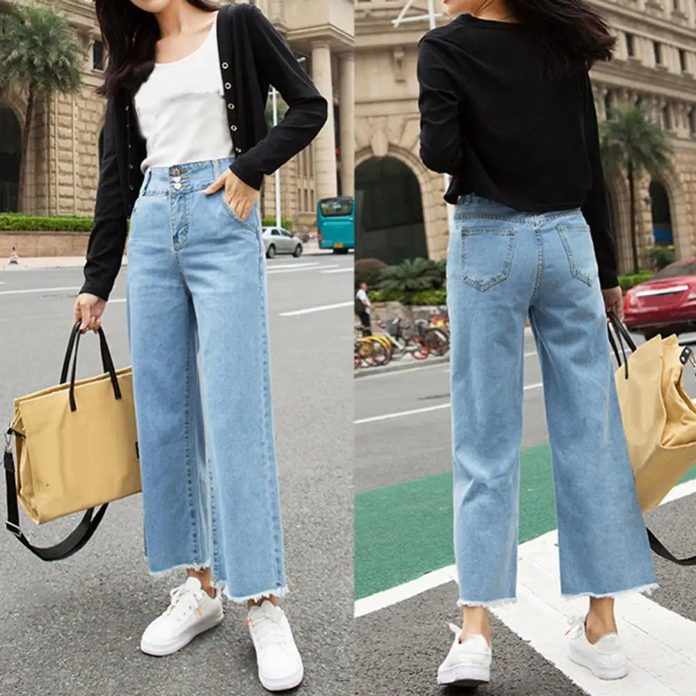 Straight Women Pants High Waist Loose Trousers Wide Leg Casual Denim Jeans Ninth Trousers