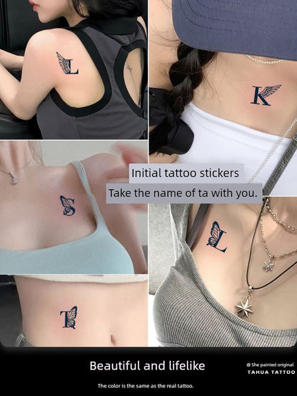 She Painted Letters M Butterfly Herbal Tattoo Sticker English Waterproof and Durable Female Couple Grass and Wood Stickers Semi-Permanent Male