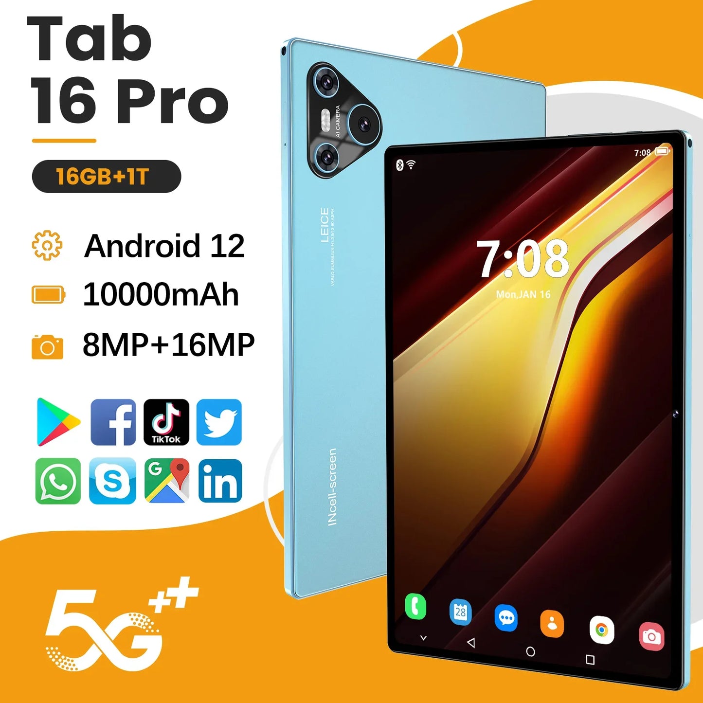 2024 Global Version NEW 16 Pro Tablet - Android 13, 16GB RAM, 1TB Storage, 11" HD 4K Display, Snapdragon 870, 5G, Dual SIM, tonyfinger store