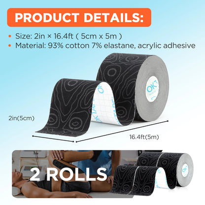 2 Rolls OK TAPE PRO Kinesiology Tape | 5cm x 16ft Free Cut Athletic Tape | Updated Elastic Therapeutic Tape | Latex-Free | tonyfinger store