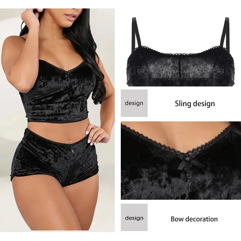 Women Sexy Strappy Pajama Set Women's Velvet Polyester Comfortable V-neck Underwear Home Clothes 2 Piece Sleeveless