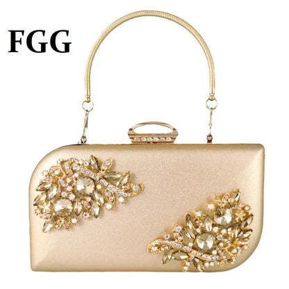 Boutique De FGG Women Gold Crystal Clutch Evening Handbags and Purses Bridal Wedding Satin Clutch Bags with Handle