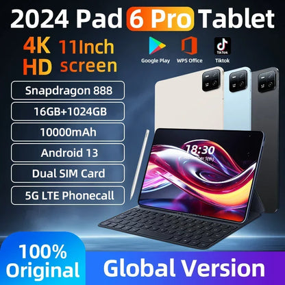 New 2024 Global Version Original HD 4K Pad 6 Pro Tablets PC Snapdragon 888 16GB+1024GB 10000mAh Android 13 11 inch 5G WIFI Mi