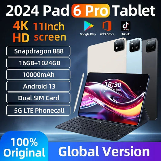 New 2024 Global Version Original HD 4K Pad 6 Pro Tablets PC Snapdragon 888 16GB+1024GB 10000mAh Android 13 11 inch 5G WIFI Mi