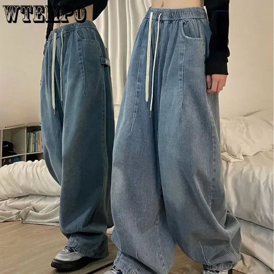 Spring Women Vintage Baggy Jeans Elastic Waist Oversized American Trouser Denim Wide Leg Streetwear Straight Basic Pants Y2k