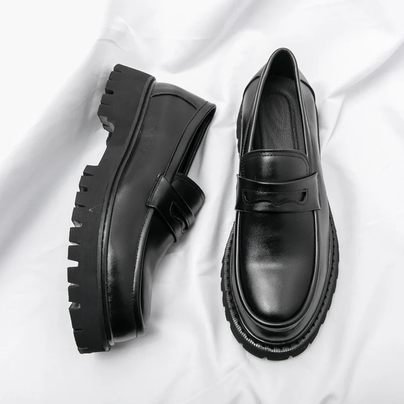 New Platform Shoes Loafers Shoes Men Thick-soled Wedding Shoes Black Formal Business Shoes Slip-on Leather Increase Casual Shoes