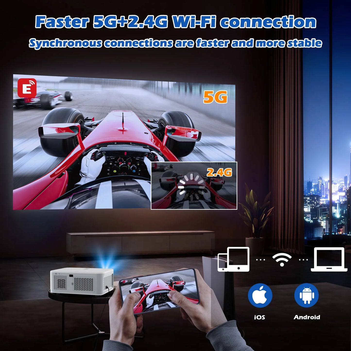 HORLAT 21000Lumens Android 4K Projector LED Beamer Full HD 1080P Video Home Theater Keystone 5G WiFi Portable Proyector Dolby