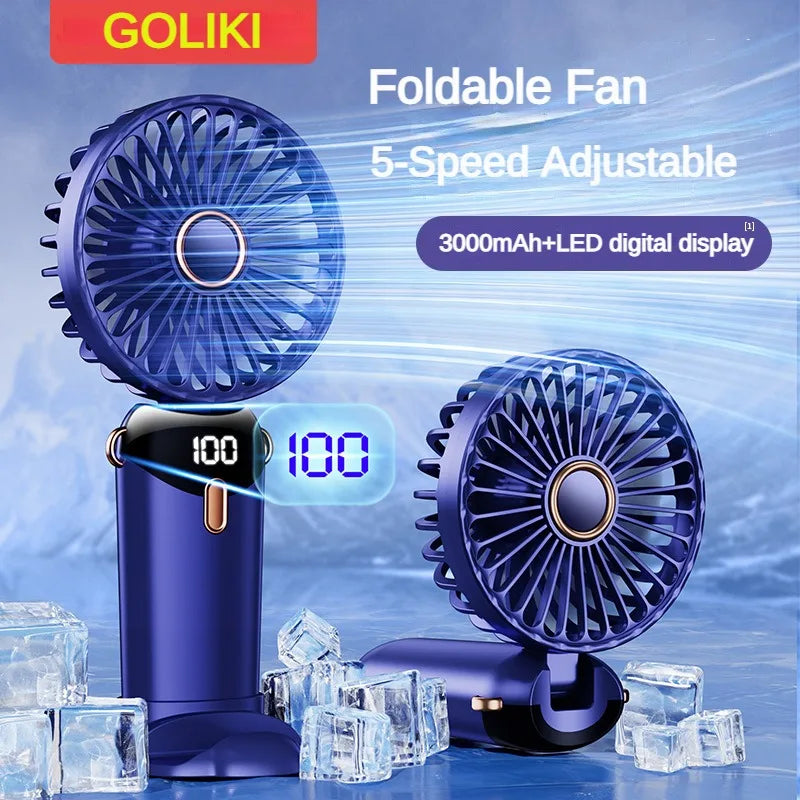 3000mAh Foldable Mini Fan: Portable, Neck Hanging, 5-Speed USB Rechargeable with Phone Stand & Display