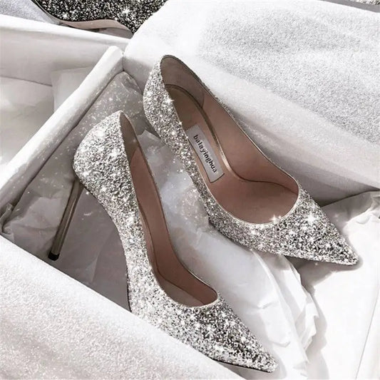 2022 Women’s Silver Stiletto Heels - 9CM/7CM High, Bling Wedding Shoes