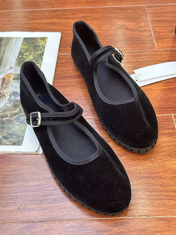 Black Mary Jane Flats for Women - Buckle Strap Ballet Shoes, Spring/Autumn Casual Canvas Loafers 2024