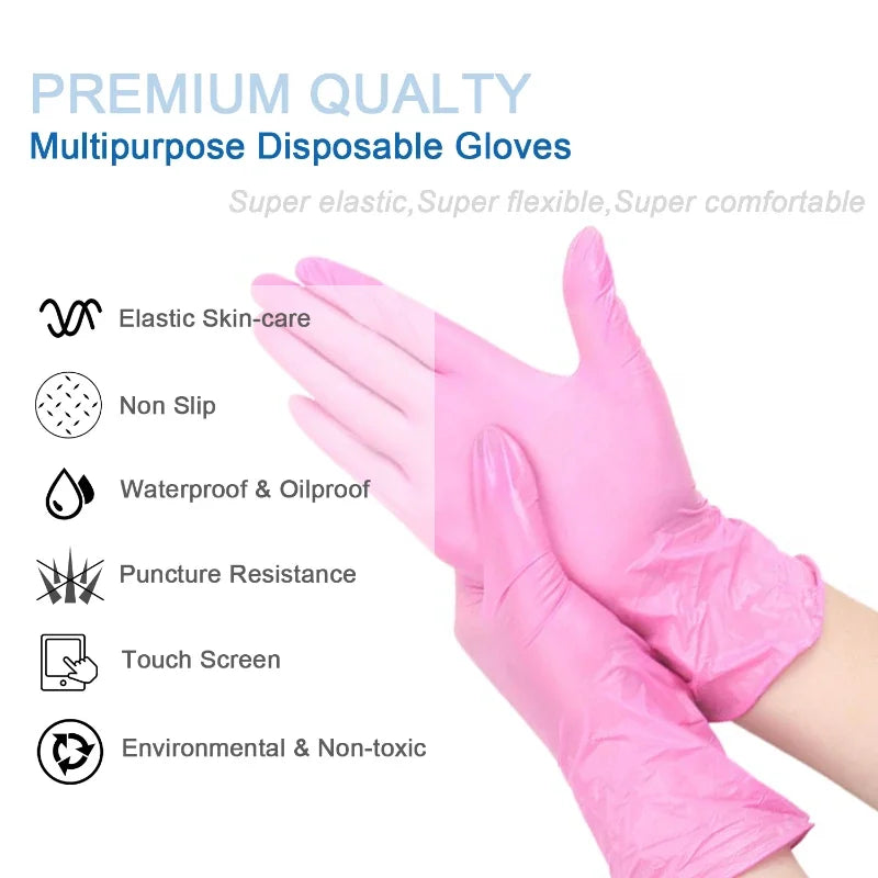 Pink Nitrile Gloves - Latex-Free, Waterproof, Anti-Static, Durable for Kitchen & Work