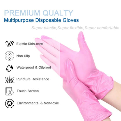 Pink Nitrile Gloves - Latex-Free, Waterproof, Anti-Static, Durable for Kitchen & Work