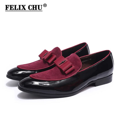 Handmade Men’s Patent Leather Suede Loafers with Bow Tie - Wedding & Banquet Shoes