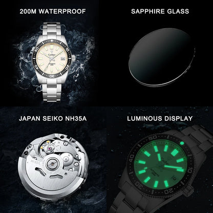 CADISEN New 38mm Diver Mens Watch Japan NH35A Automatic Mechanical Sapphire Glass Date Luminous 200M Waterproof Wrist watch Men