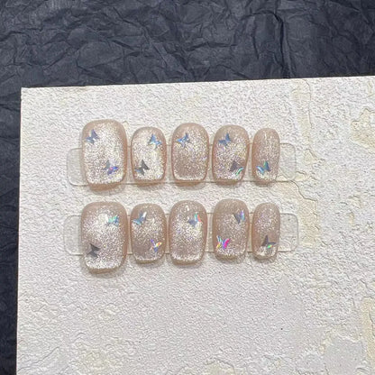 10PCS Handmade Crystal Cat Eye Butterfly Press-On Acrylic Nails | Short Ballet Press-On Tips with Glue | tonyfinger store