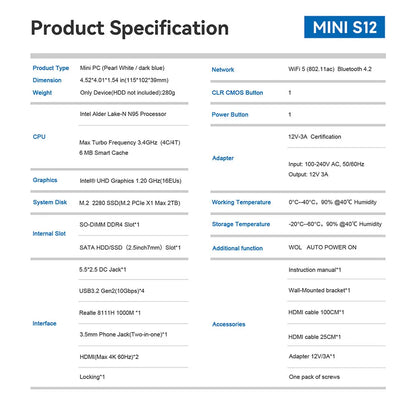 Beelink Mini S12 N95 S12 PRO N100 Fanless Mini Pc DDR5 8G/16G RAM 256G/500G SSD Wifi5/WIFI6 Desktop Gaming Office Home Pocket