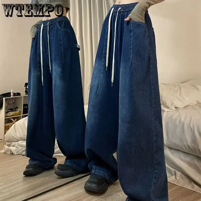 Spring Women Vintage Baggy Jeans Elastic Waist Oversized American Trouser Denim Wide Leg Streetwear Straight Basic Pants Y2k