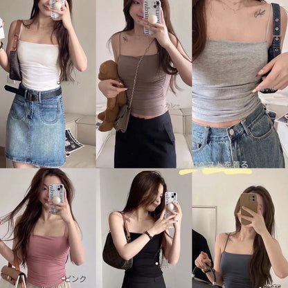 New Summer Simple Cotton Sling Camisole Women Girls Crop Top Sleeveless Shirt Lady Bra Tops Straps Skinny Camisole Base Best Top